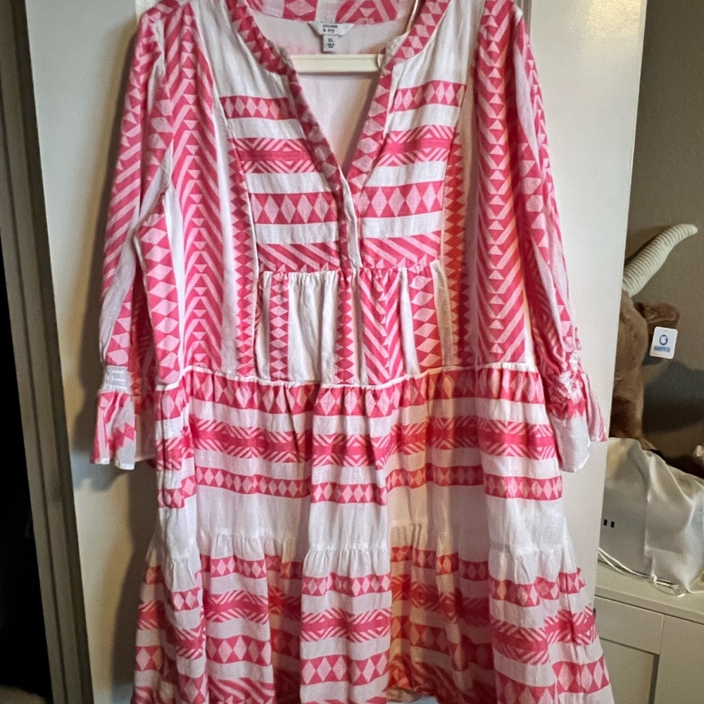 Crown & Ivy Pink and White Smocked Sundress with 3/4 Bishop Sleeves
